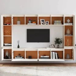 TV-møbler - TV-møbler 8 stk - Hvid - Massivt fyrretræ - Tidløst klassisk stil Vit