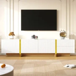 TV-skab 190 cm hvid/guld med træstruktur, 3 døre & 2 skuffer, elegant medieskab Gold+White