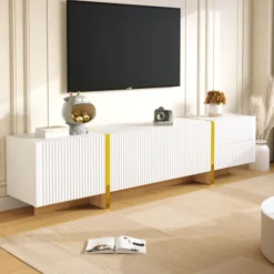 TV-skab 190 cm hvid/guld med træstruktur, 3 døre & 2 skuffer, elegant medieskab Gold+White