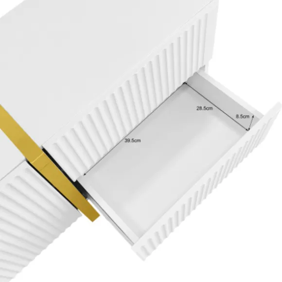 TV-skab 190 cm hvid/guld med træstruktur, 3 døre & 2 skuffer, elegant medieskab Gold+White