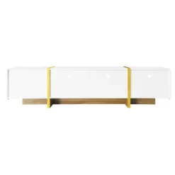 TV-skab 190 cm hvid/guld med træstruktur, 3 døre & 2 skuffer, elegant medieskab Gold+White