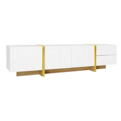 TV-skab 190 cm hvid/guld med træstruktur, 3 døre & 2 skuffer, elegant medieskab Gold+White