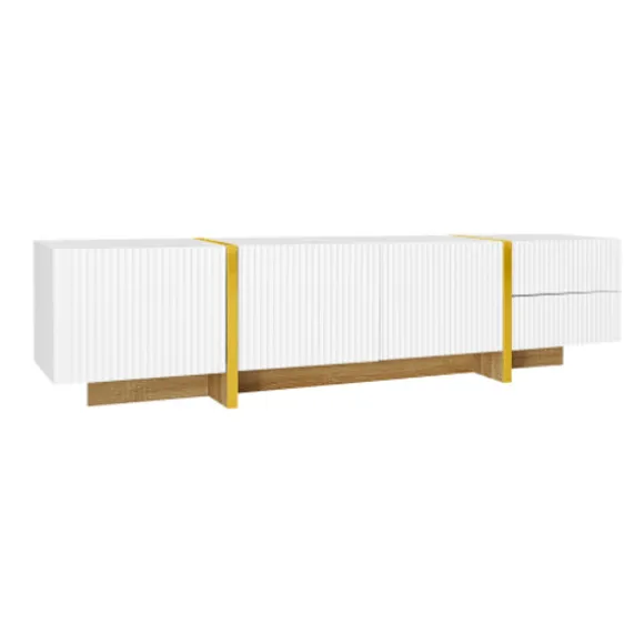 TV-skab 190 cm hvid/guld med træstruktur, 3 døre & 2 skuffer, elegant medieskab Gold+White