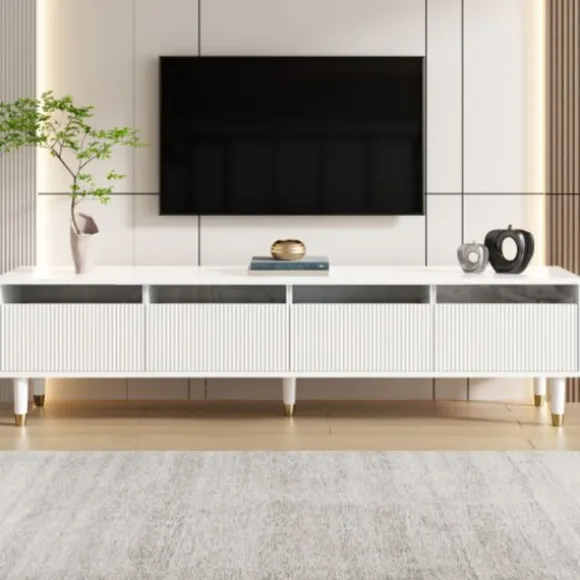 TV-skab 178 cm hvidt, minimalistisk med 4 skuffer & akryl - Stor opbevaringsplads lavet af MDF White