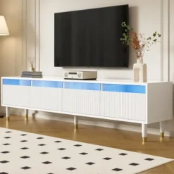 TV-skab 178 cm hvidt, minimalistisk med 4 skuffer & akryl - Stor opbevaringsplads lavet af MDF White