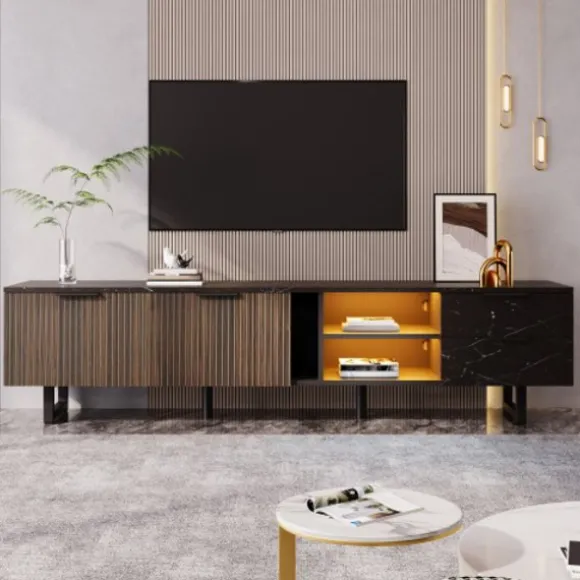 TV-skab 200 cm med marmorlook & træstruktur, LED-belysning, 2 døre & 2 skuffer, robot-kompatibel Brown