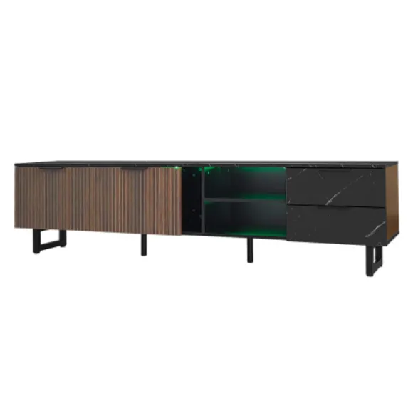 TV-skab 200 cm med marmorlook & træstruktur, LED-belysning, 2 døre & 2 skuffer, robot-kompatibel Brown