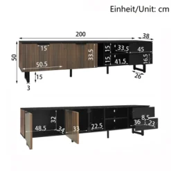 TV-skab 200 cm med marmorlook & træstruktur, LED-belysning, 2 døre & 2 skuffer, robot-kompatibel Brown