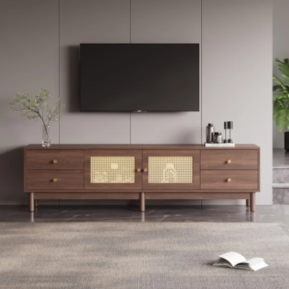 TV-skab 180 cm, mørkt trælook, med 2 rattanlåger & 4 skuffer, til TV op til 80 tommer, med kabelstyring Brown