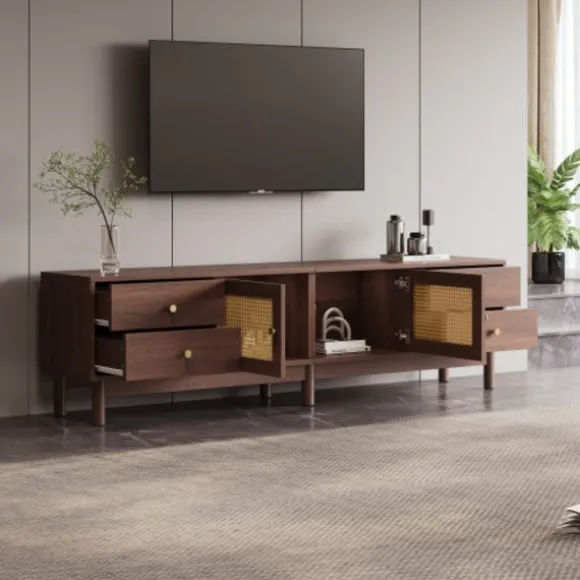 TV-skab 180 cm, mørkt trælook, med 2 rattanlåger & 4 skuffer, til TV op til 80 tommer, med kabelstyring Brown