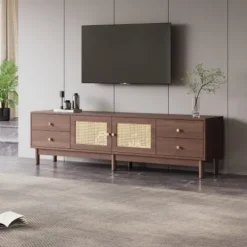 TV-skab 180 cm, mørkt trælook, med 2 rattanlåger & 4 skuffer, til TV op til 80 tommer, med kabelstyring Brown