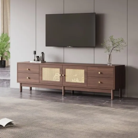 TV-skab 180 cm, mørkt trælook, med 2 rattanlåger & 4 skuffer, til TV op til 80 tommer, med kabelstyring Brown