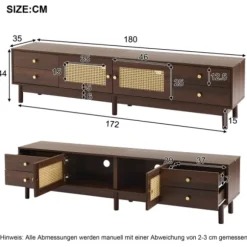 TV-skab 180 cm, mørkt trælook, med 2 rattanlåger & 4 skuffer, til TV op til 80 tommer, med kabelstyring Brown