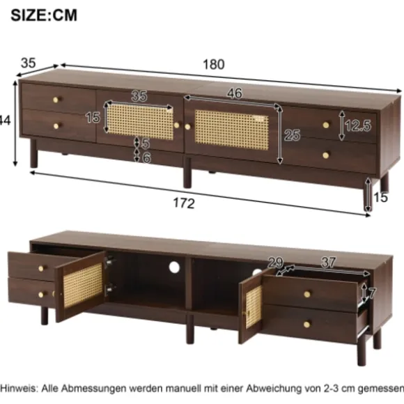 TV-skab 180 cm, mørkt trælook, med 2 rattanlåger & 4 skuffer, til TV op til 80 tommer, med kabelstyring Brown