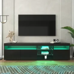 TV-skab 180 cm sort med LED-belysning, lyst panel & opbevaring til stuen Black
