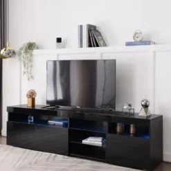 TV-skab 180 cm sort med LED-belysning, lyst panel & opbevaring til stuen Black