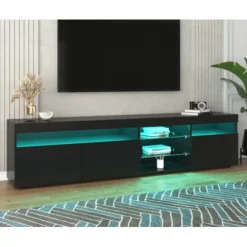 TV-skab 180 cm sort med LED-belysning, lyst panel & opbevaring til stuen Black