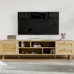 TV-skab i rattan, 160 cm, træfarve, til 70-tommers TV, med kabelstyring, 2 skuffer & 1 dør, lowboard Oak