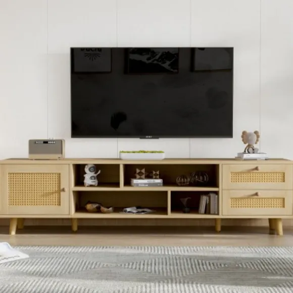 TV-skab i rattan, 160 cm, træfarve, til 70-tommers TV, med kabelstyring, 2 skuffer & 1 dør, lowboard Oak