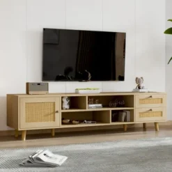 TV-skab i rattan, 160 cm, træfarve, til 70-tommers TV, med kabelstyring, 2 skuffer & 1 dør, lowboard Oak