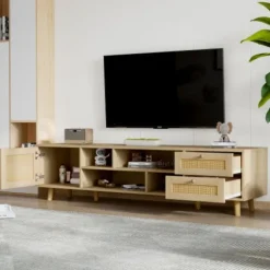 TV-skab i rattan, 160 cm, træfarve, til 70-tommers TV, med kabelstyring, 2 skuffer & 1 dør, lowboard Oak