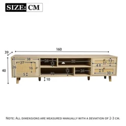 TV-skab i rattan, 160 cm, træfarve, til 70-tommers TV, med kabelstyring, 2 skuffer & 1 dør, lowboard Oak