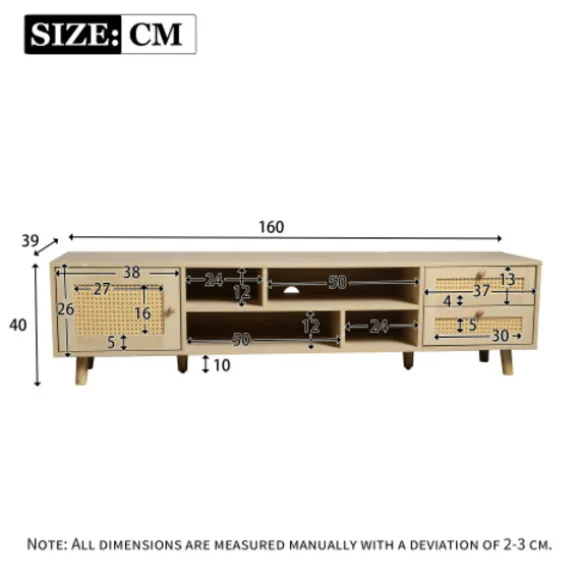 TV-skab i rattan, 160 cm, træfarve, til 70-tommers TV, med kabelstyring, 2 skuffer & 1 dør, lowboard Oak