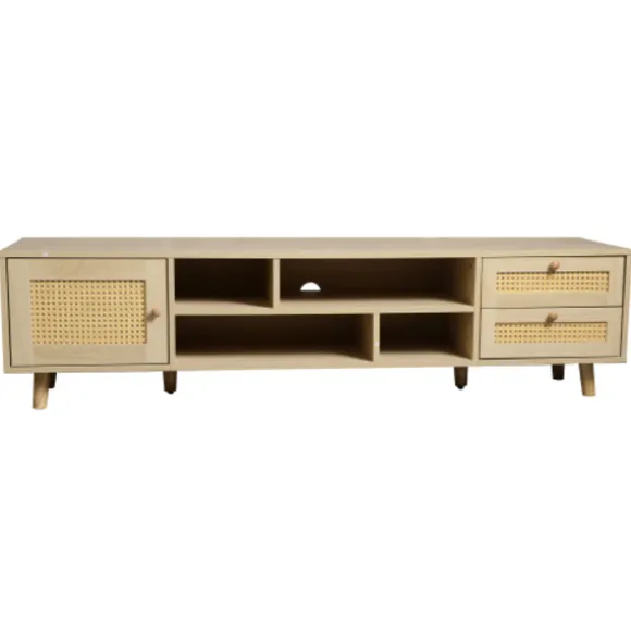 TV-skab i rattan, 160 cm, træfarve, til 70-tommers TV, med kabelstyring, 2 skuffer & 1 dør, lowboard Oak
