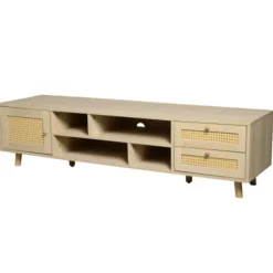 TV-skab i rattan, 160 cm, træfarve, til 70-tommers TV, med kabelstyring, 2 skuffer & 1 dør, lowboard Oak