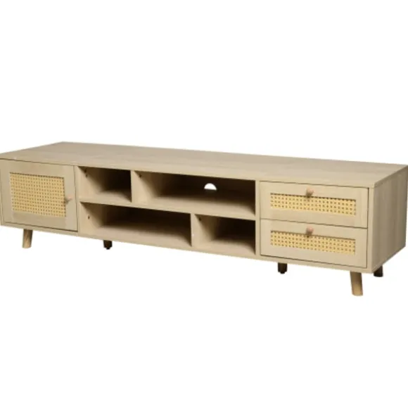 TV-skab i rattan, 160 cm, træfarve, til 70-tommers TV, med kabelstyring, 2 skuffer & 1 dør, lowboard Oak