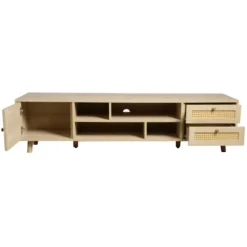 TV-skab i rattan, 160 cm, træfarve, til 70-tommers TV, med kabelstyring, 2 skuffer & 1 dør, lowboard Oak