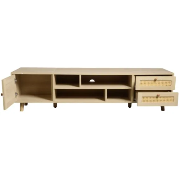 TV-skab i rattan, 160 cm, træfarve, til 70-tommers TV, med kabelstyring, 2 skuffer & 1 dør, lowboard Oak