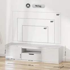 Tv-skab lowboard med 2 låger, skuffe, 160 cm lang tv-stand til tv op til 65 tommer, tv-plade med kabelstyring til stue, hvid
