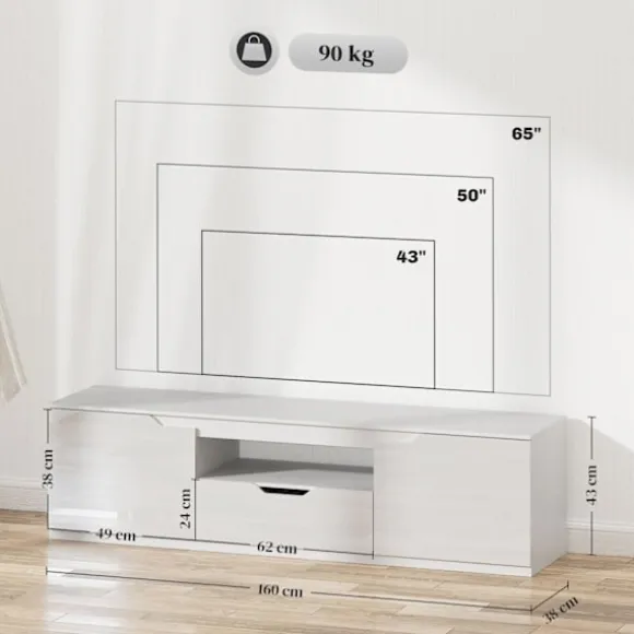 Tv-skab lowboard med 2 låger, skuffe, 160 cm lang tv-stand til tv op til 65 tommer, tv-plade med kabelstyring til stue, hvid