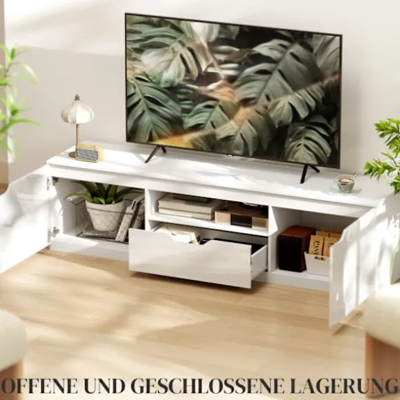 Tv-skab lowboard med 2 låger, skuffe, 160 cm lang tv-stand til tv op til 65 tommer, tv-plade med kabelstyring til stue, hvid
