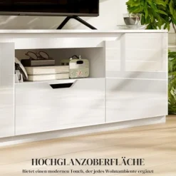 Tv-skab lowboard med 2 låger, skuffe, 160 cm lang tv-stand til tv op til 65 tommer, tv-plade med kabelstyring til stue, hvid