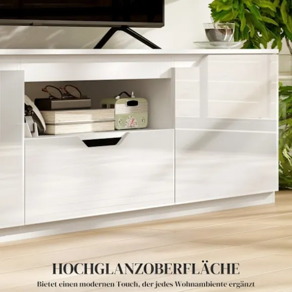 Tv-skab lowboard med 2 låger, skuffe, 160 cm lang tv-stand til tv op til 65 tommer, tv-plade med kabelstyring til stue, hvid