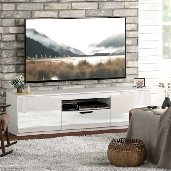 Tv-skab lowboard med 2 låger, skuffe, 160 cm lang tv-stand til tv op til 65 tommer, tv-plade med kabelstyring til stue, hvid