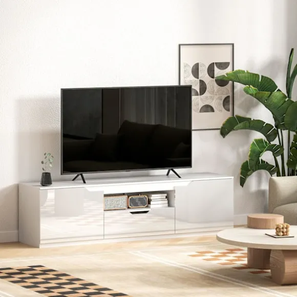 Tv-skab lowboard med 2 låger, skuffe, 160 cm lang tv-stand til tv op til 65 tommer, tv-plade med kabelstyring til stue, hvid