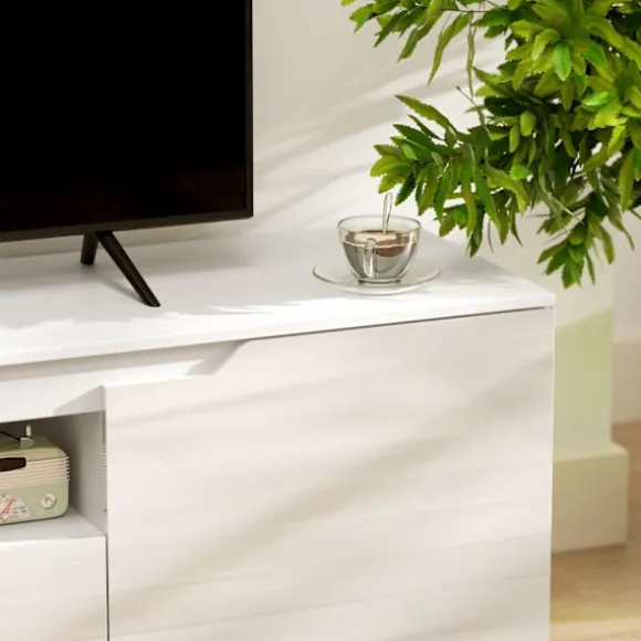 Tv-skab lowboard med 2 låger, skuffe, 160 cm lang tv-stand til tv op til 65 tommer, tv-plade med kabelstyring til stue, hvid