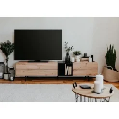 TV-skab med 3 klapper - Eg og sort indretning - L 195 x D 37 x H 48 cm - NOLA hantverkare ek / svart