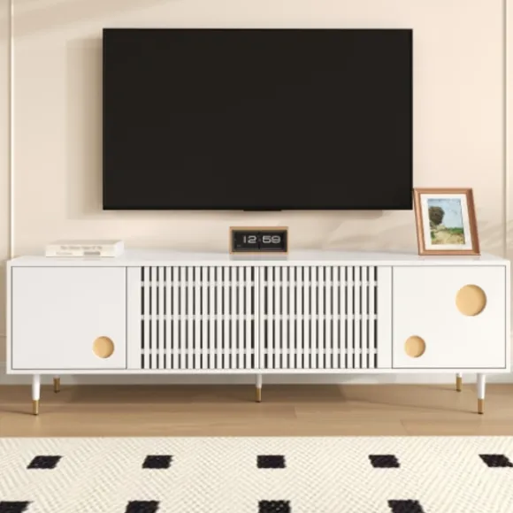 TV-skab med gitterstruktur, skjulte håndtag og gulddetaljer | 2 døre massivt træ | Mid-Century design stuemøbel White