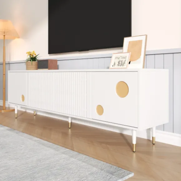TV-skab med gitterstruktur, skjulte håndtag og gulddetaljer | 2 døre massivt træ | Mid-Century design stuemøbel White