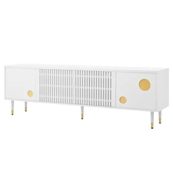 TV-skab med gitterstruktur, skjulte håndtag og gulddetaljer | 2 døre massivt træ | Mid-Century design stuemøbel White