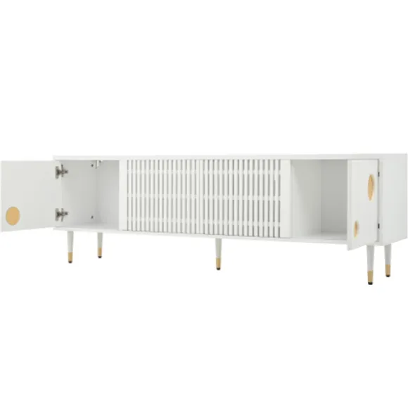 TV-skab med gitterstruktur, skjulte håndtag og gulddetaljer | 2 døre massivt træ | Mid-Century design stuemøbel White