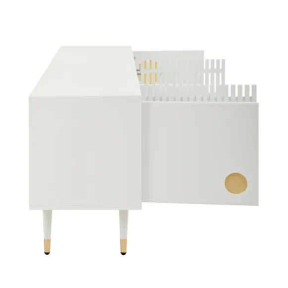 TV-skab med gitterstruktur, skjulte håndtag og gulddetaljer | 2 døre massivt træ | Mid-Century design stuemøbel White