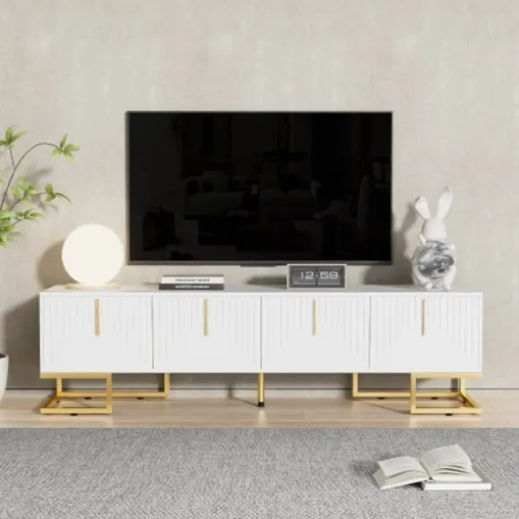 TV-skab med guldfarvede håndtag og fødder, lowboard med tekstureret låge, elegante TV-møbler, moderne White