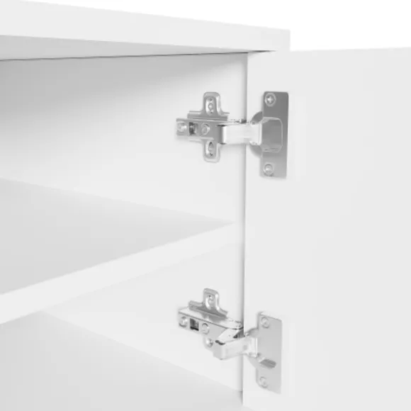 TV-skab med guldfarvede håndtag og fødder, lowboard med tekstureret låge, elegante TV-møbler, moderne White