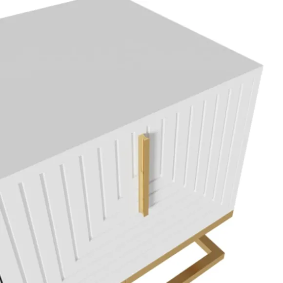 TV-skab med guldfarvede håndtag og fødder, lowboard med tekstureret låge, elegante TV-møbler, moderne White