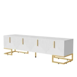 TV-skab med guldfarvede håndtag og fødder, lowboard med tekstureret låge, elegante TV-møbler, moderne White